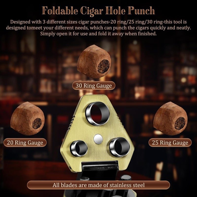 TISFA Cigar Punch Tool, Cigar Punch Cutter with Cigar Holder 2 in 1, Foldable 3 Sizes Cigar Hole Punch and 3 Cigar Stand Cigar Kit, Multifunctional Stainless Steel Puncher with Gift Box (Bronze) - Image 4